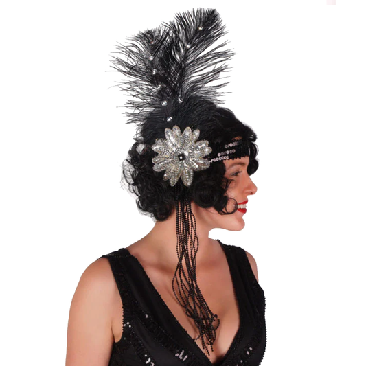 Black Sequin Flapper Headband with Feathers
