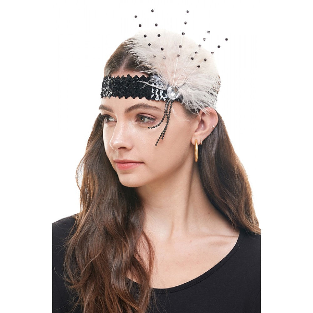 Black Flapper Headband with Peach Feather