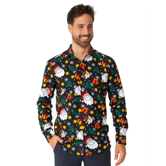 Santa with Elves Black Long Sleeve Button-Up Shirt