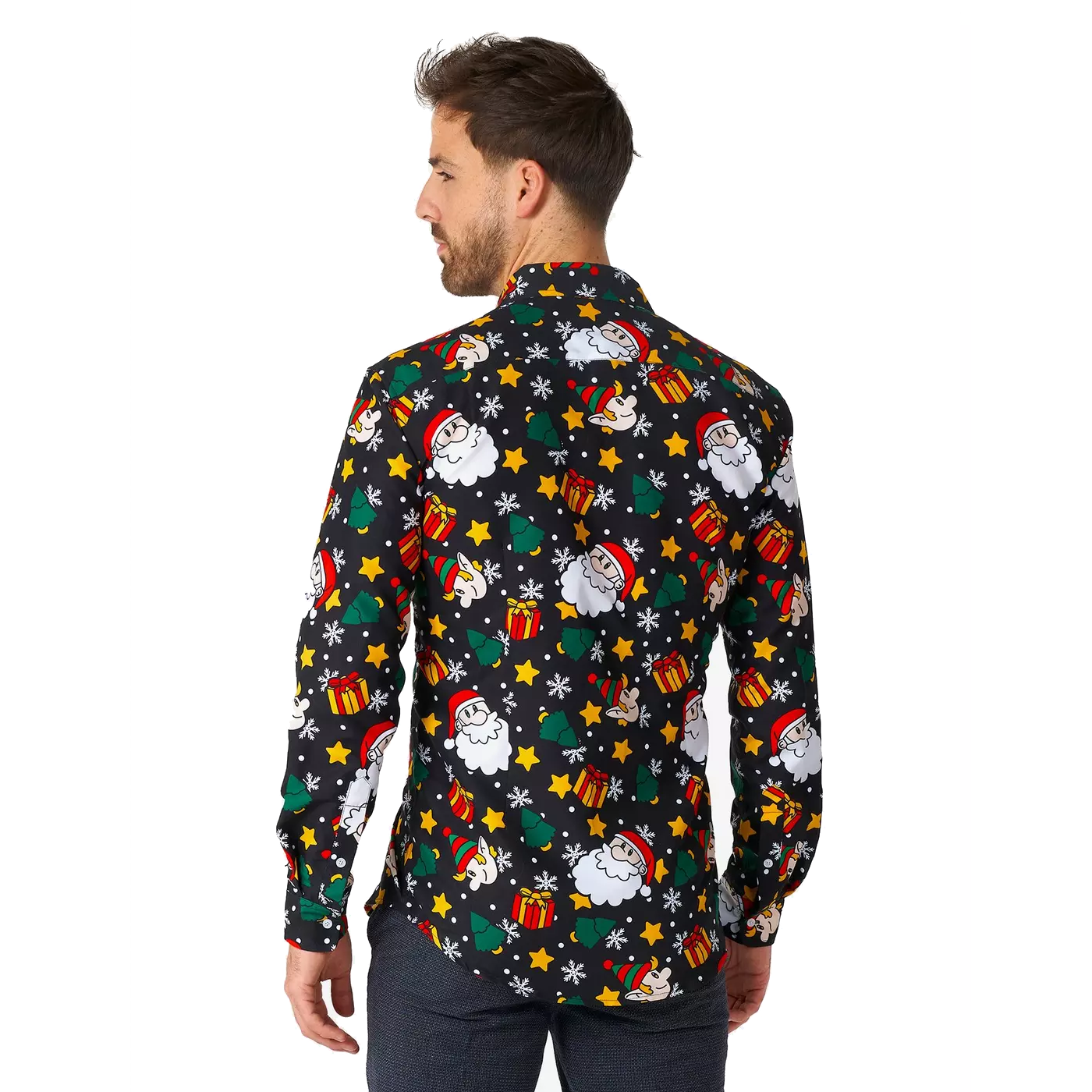 Santa with Elves Black Long Sleeve Button-Up Shirt