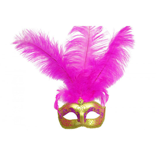 Gold and Hot Pink Mask with Middle Feather
