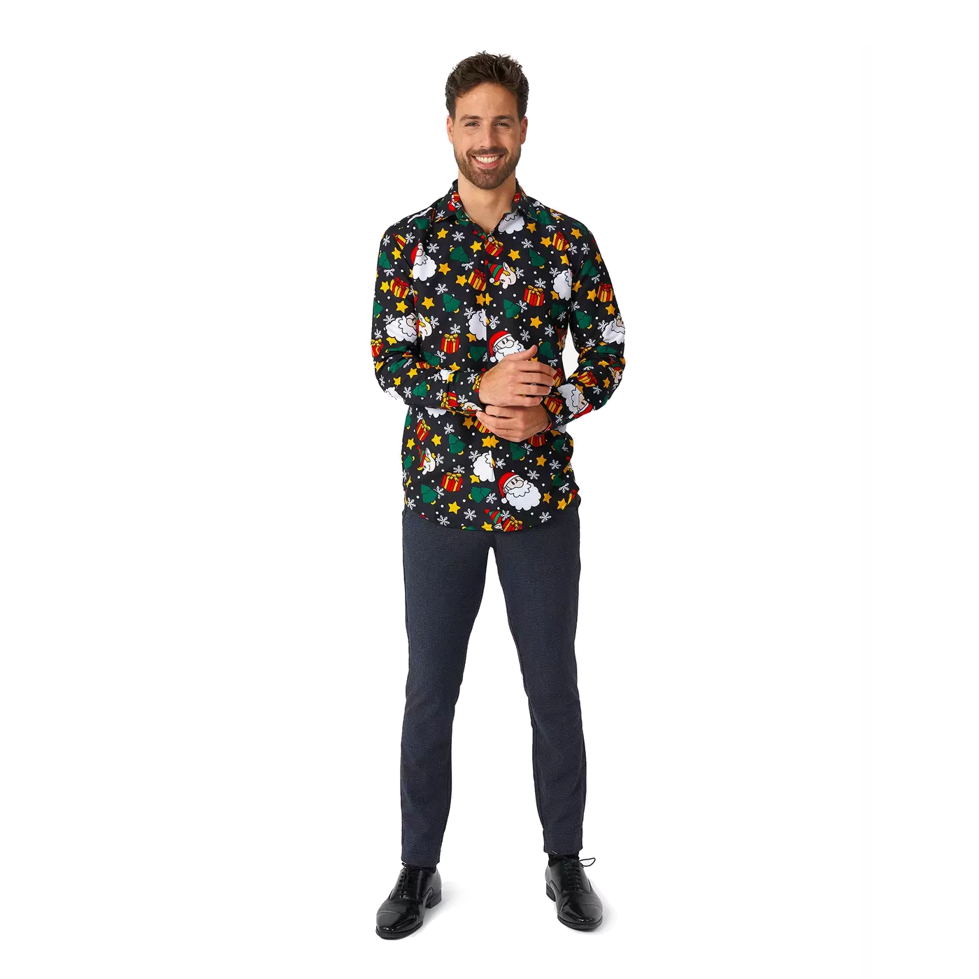 Santa with Elves Black Long Sleeve Button-Up Shirt