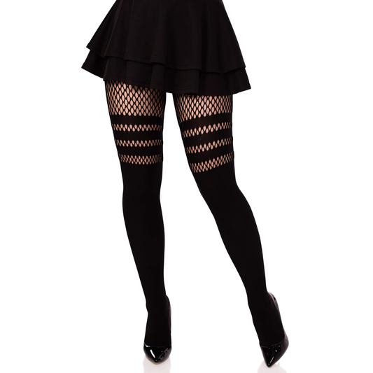 Faux Thigh High Tights with Striped Fishnet Accent